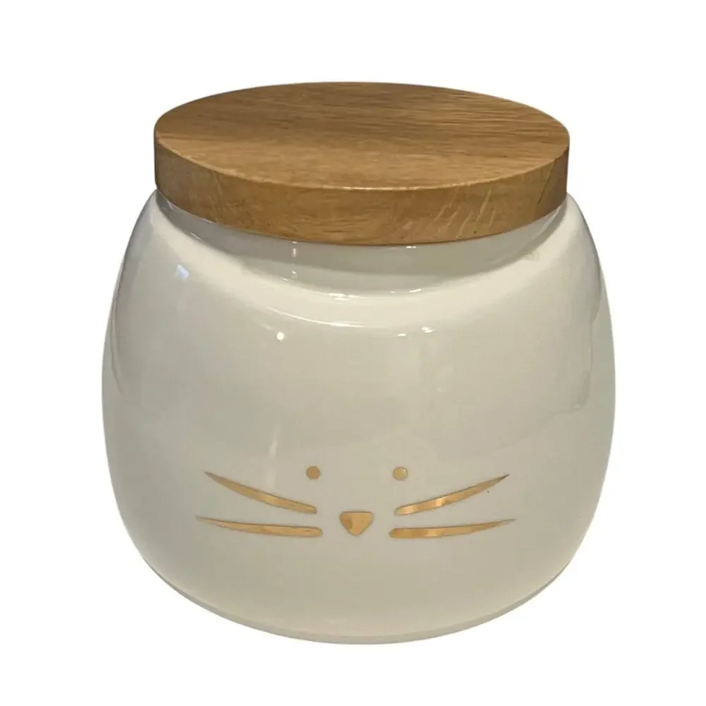 Set of 2 Ceramic Cat Treat Jars Bamboo Lids White Gold Whiskers Pet Canisters